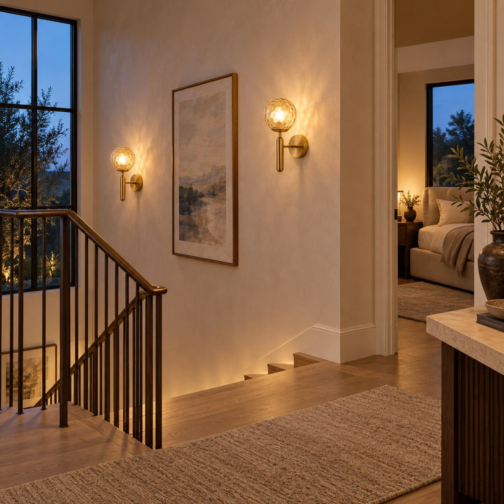 Modern Brass & Textured Glass Globe Wall Sconce | G9 Indoor Wall Light