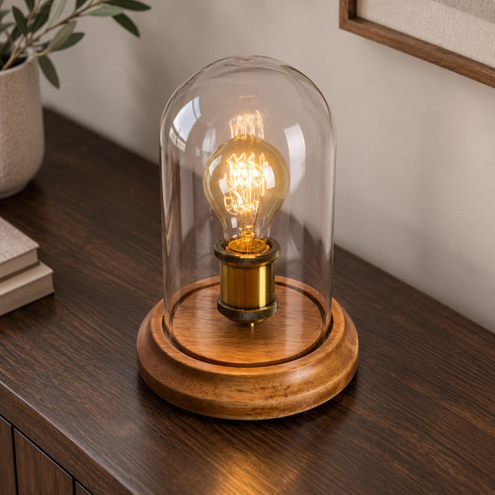 Modern Table Lamp with Glass Dome and Solid Wood Base for Bedroom and Nightstand Use