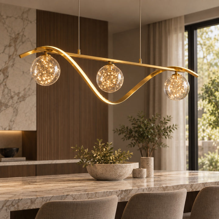 Modern Linear Pendant Light with Adjustable Height Metal Frame and LED Glass Globe Shades for Kitchen Island