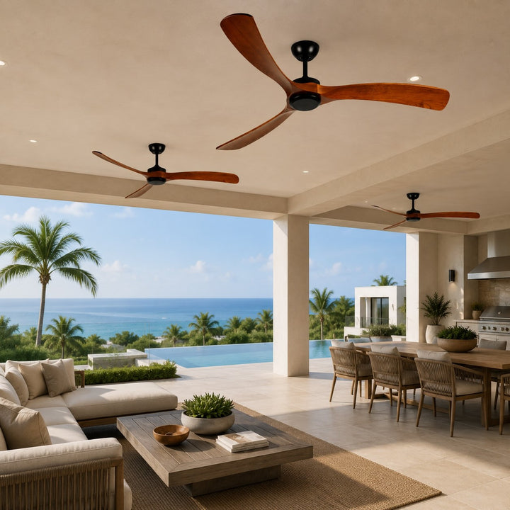 Modern Outdoor Ceiling Fan with Walnut Wood Blades IP65 Waterproof Rating and 6-Speed Motor