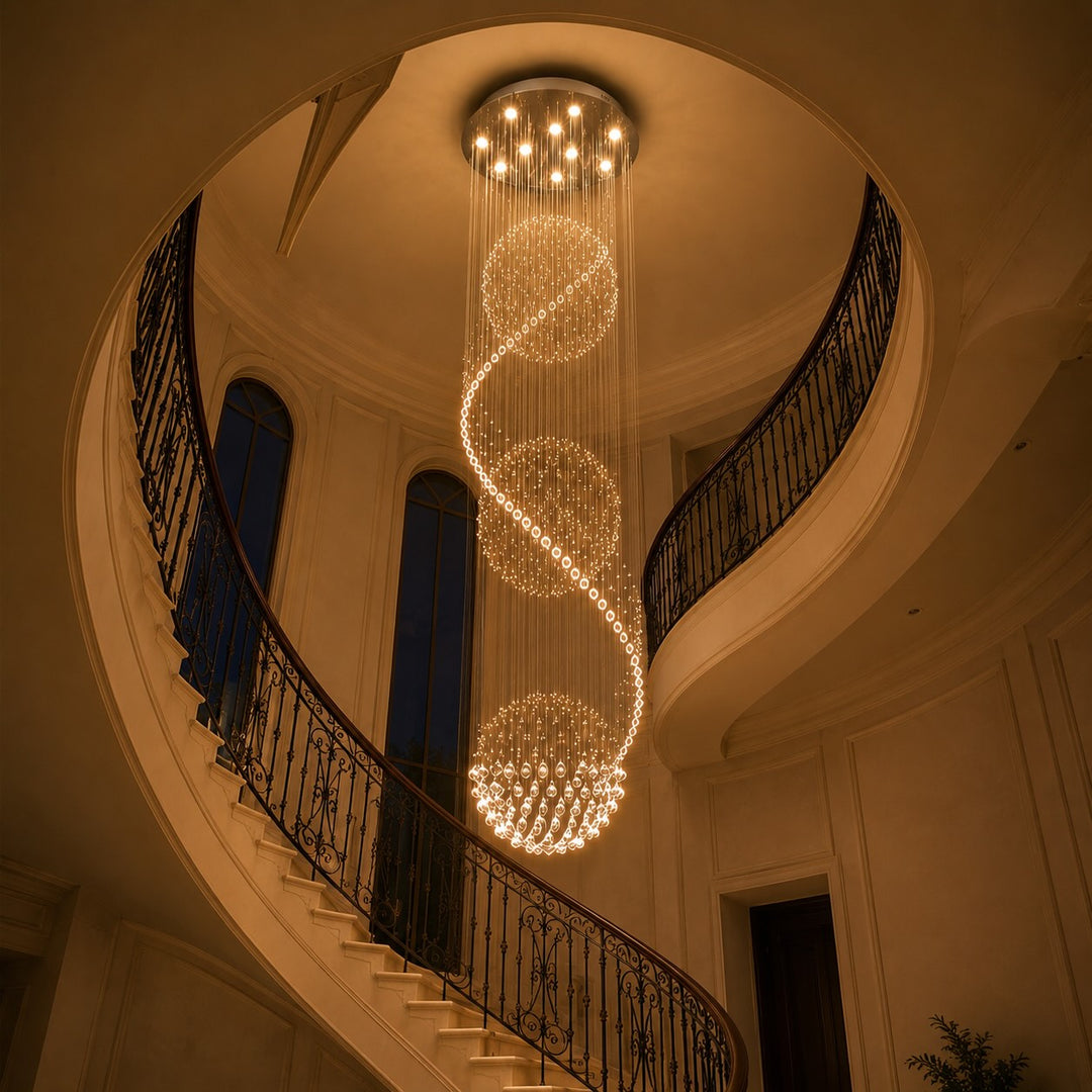 Modern Spiral Chandelier Three Sphere Design Adjustable K9 Crystal Hanging Light Fixture