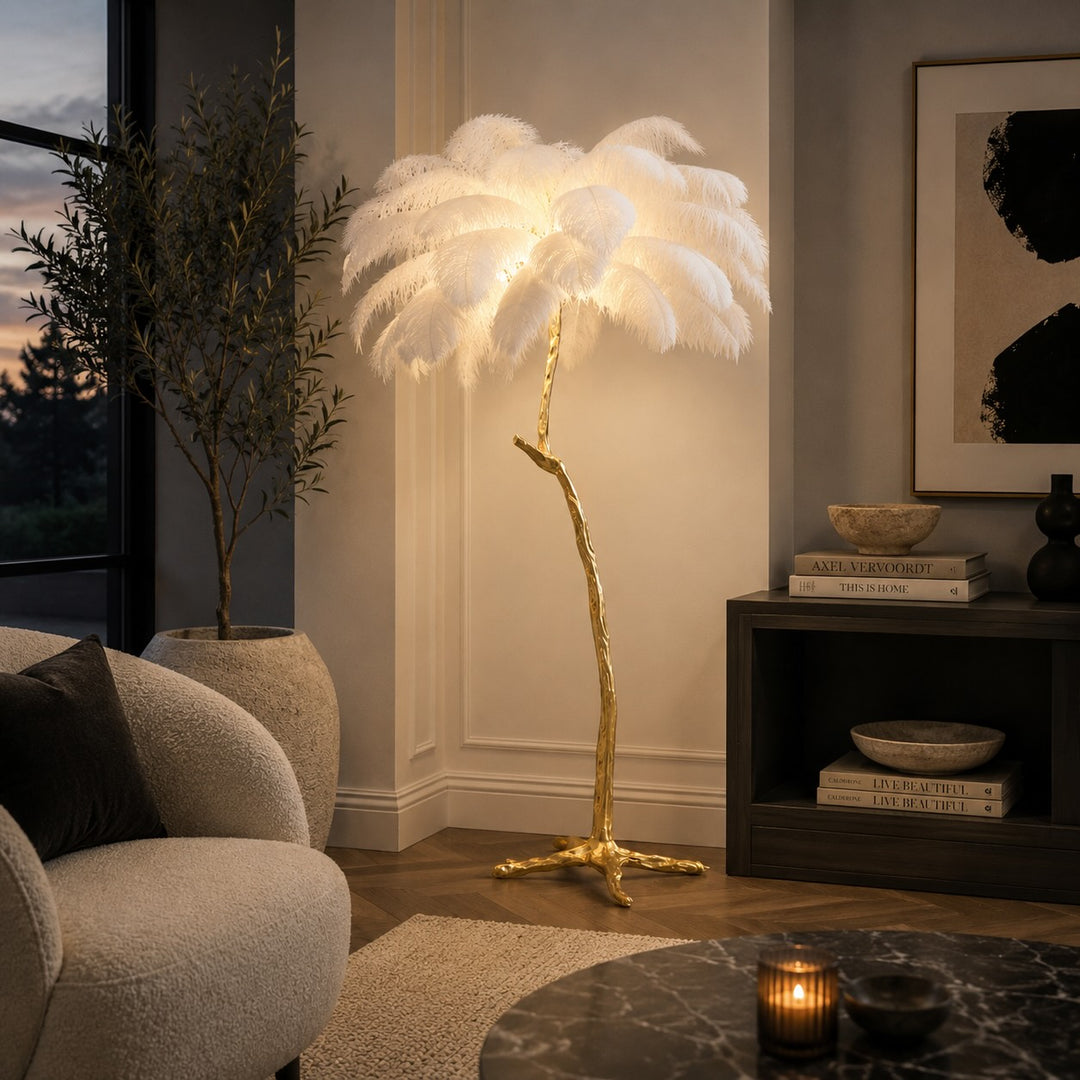 Modern Floor Lamp with Copper Base and Real Ostrich Feathers for Soft Ambient Lighting