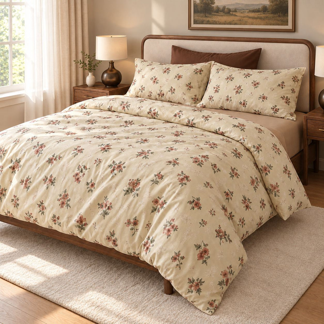 Vintage Floral Bedding Set Duvet Cover and Pillowcases Washed Cotton Breathable Durable