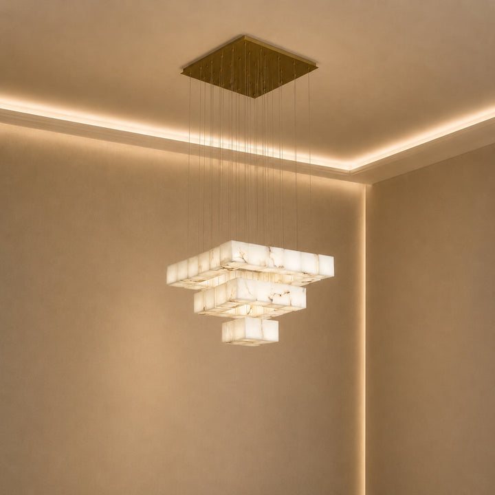 Modern Alabaster Box Pendant Light Hanging Fixture with LED Compatibility and Adjustable Height