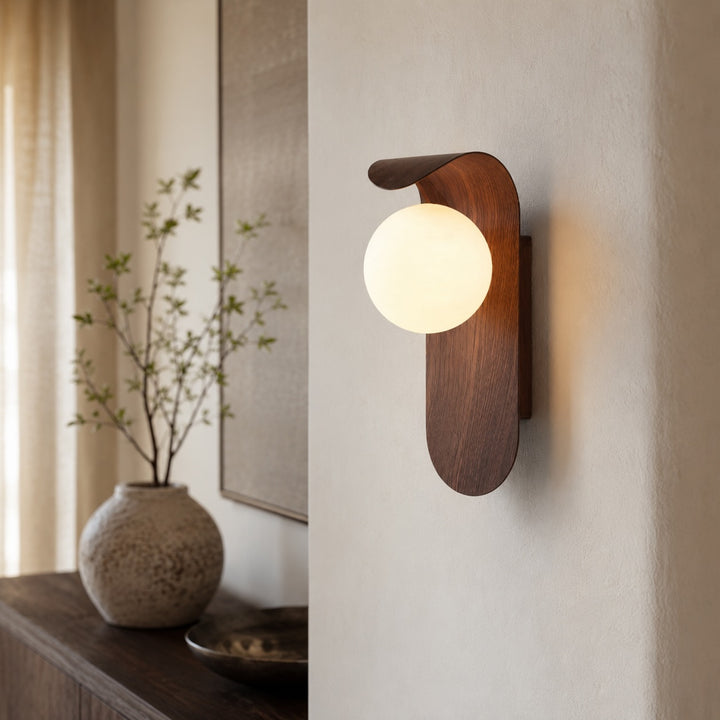 Modern Wall Light Wood Sconce with Opal Glass Shade Dimmable Hardwired for Elegant Interiors