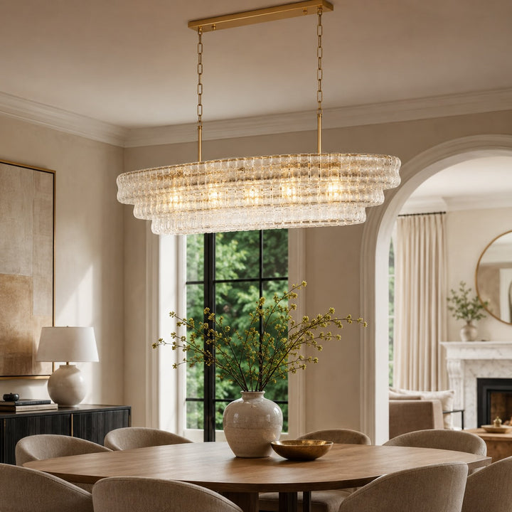 Modern Oval Chandelier Light Adjustable Hanging Steel Glass Fixture with 5 or 12 Bulb Options