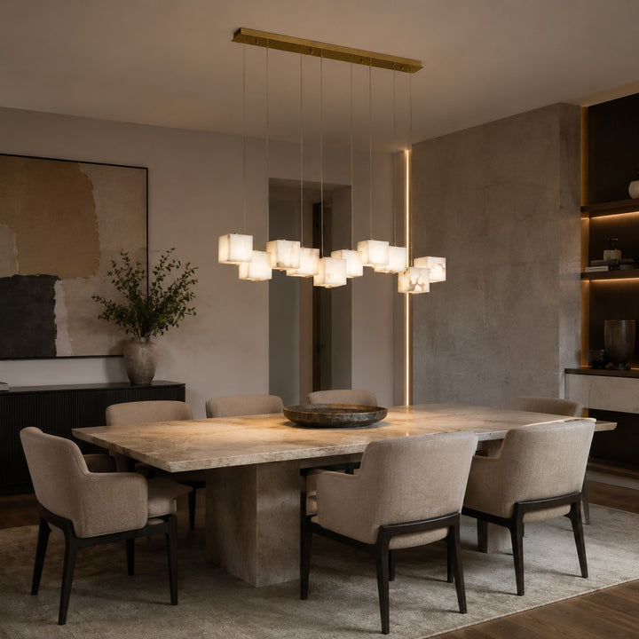 Modern Alabaster Box Pendant Light Hanging Fixture with LED Compatibility and Adjustable Height