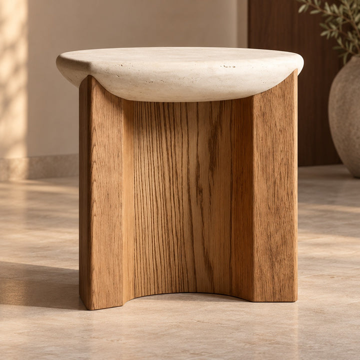 Modern Side Table Irregular Round Shape Solid Wood and Travertine Stone for Contemporary Interiors