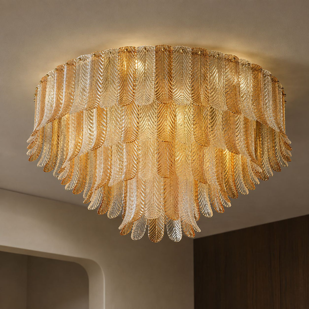 Art Deco Amber Glass Feather Ceiling Light – Brass Flush Mount Chandelier