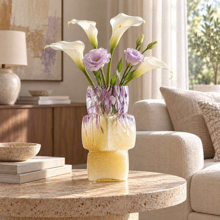 Modern Glass Vase Cube-Form Handcrafted Yellow Lavender Speckled Design 30cm Home Decor