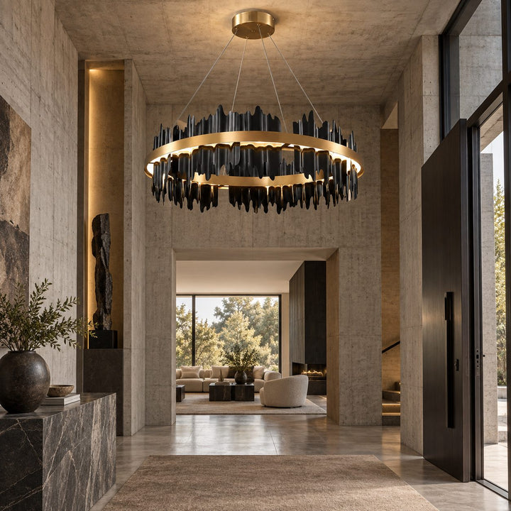 Modern Chandelier Adjustable Height Metal LED Dimmable Black Gold Finish Hanging Light Fixture