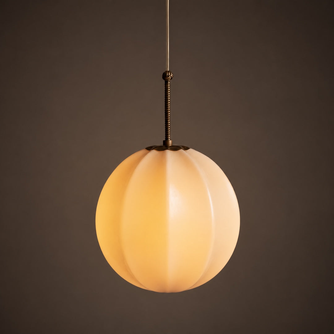 Modern Ribbed Opal Glass Globe Pendant Light Brass Hanging Fixture Adjustable Height for Kitchen Island Dining Room
