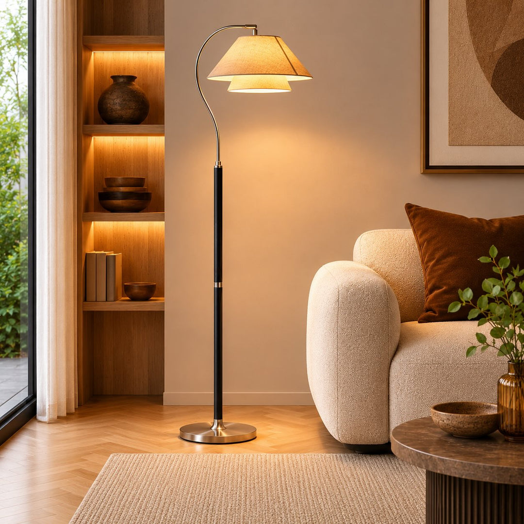 Modern Black Floor Lamp with Adjustable Height Metal Base and Energy-Efficient LED Light