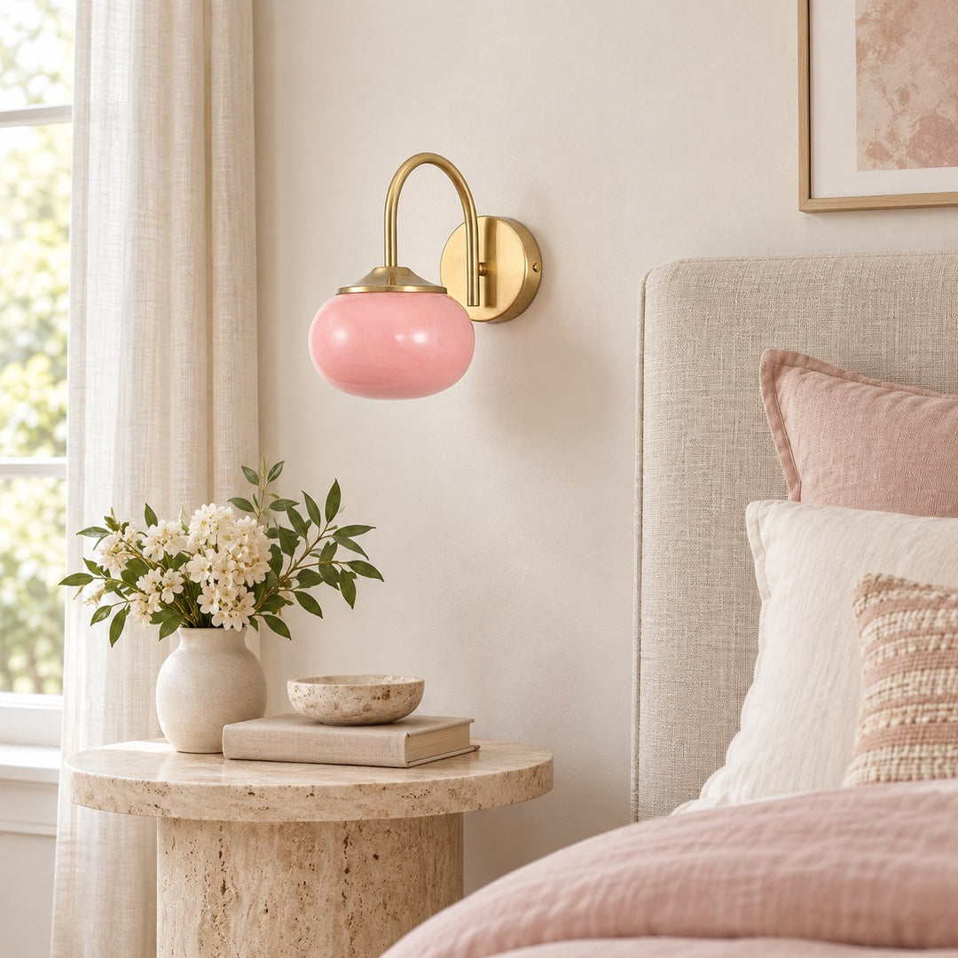Modern Wall Light Copper Fixture with Pink Glass Shade for Indoor LED Bulbs
