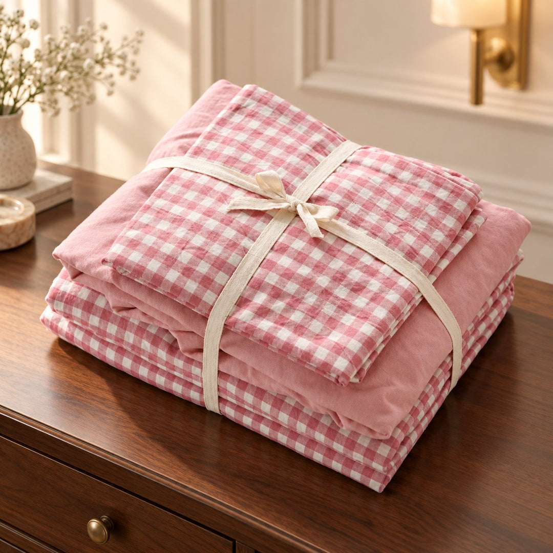 Classic Gingham Bedding Set Cotton Duvet Covers with Invisible Zipper and Corner Ties