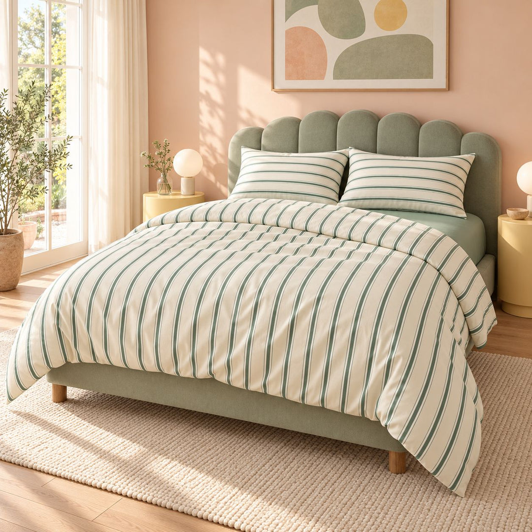 Minimalist Bedding Set Green Striped Duvet Cover Polyester Lightweight Soft Comfortable