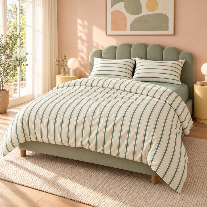 Minimalist Bedding Set Green Striped Duvet Cover Polyester Lightweight Soft Comfortable