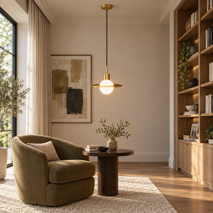 Modern Brass & Glass Globe Pendant Light with Adjustable Disc – 31cm & 42cm