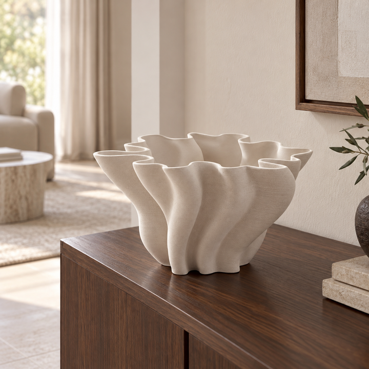 Modern Sculptural Vase 3D Printed Fluted Design White Decorative Bowl 24 cm