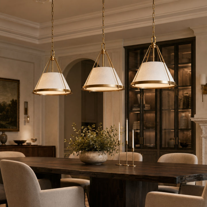 Modern Brass Pendant Light Hanging Linen Fabric Shade Chain Fixture for Kitchen Island Dining Room