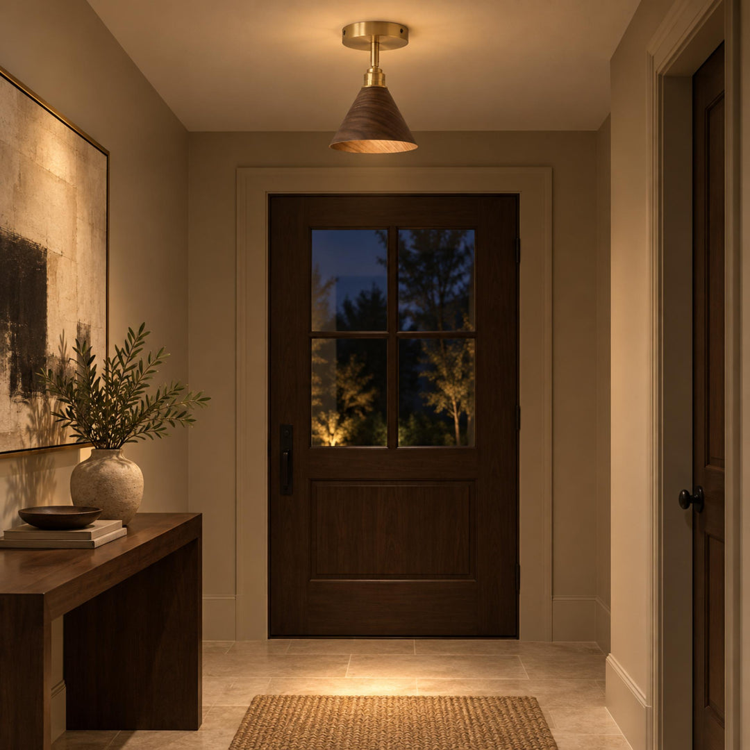 Modern Semi-Flush Ceiling Light Walnut Wood Brushed Brass LED Compatible Indoor Fixture