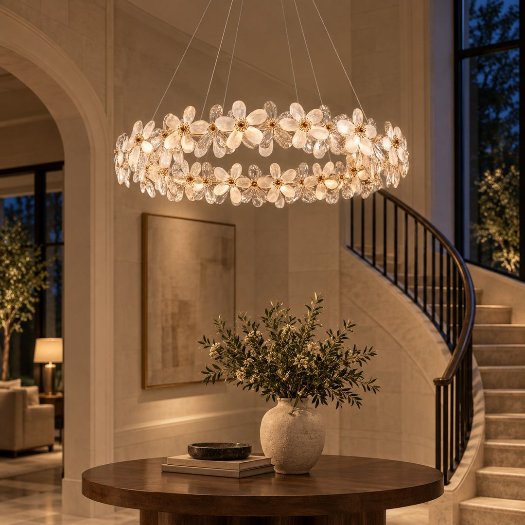 Modern Crystal Chandelier Adjustable Height K9 Crystal LED Hanging Light Fixture with Three Color Temperatures