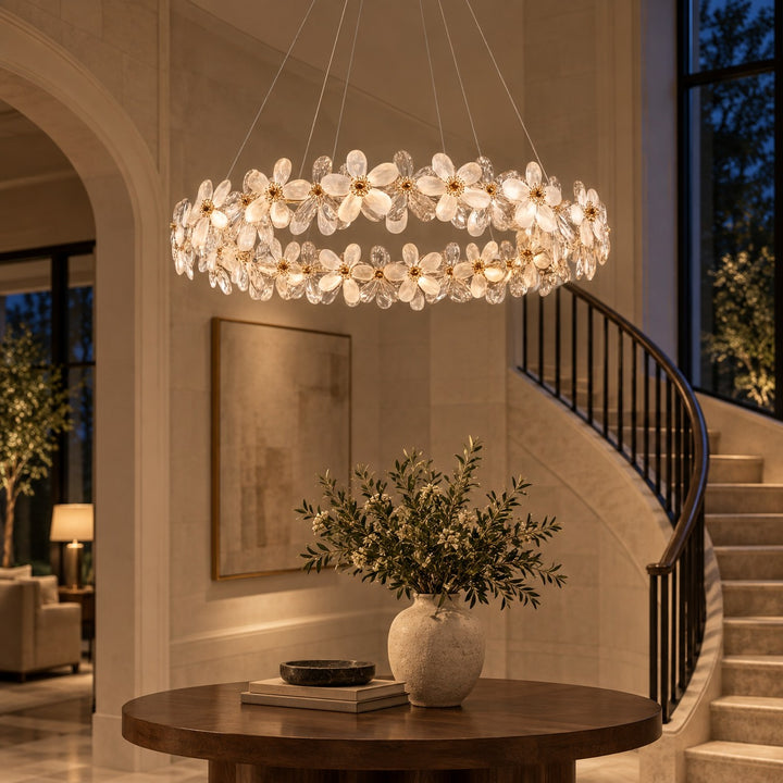 Modern Crystal Chandelier Adjustable Height K9 Crystal LED Hanging Light Fixture with Three Color Temperatures