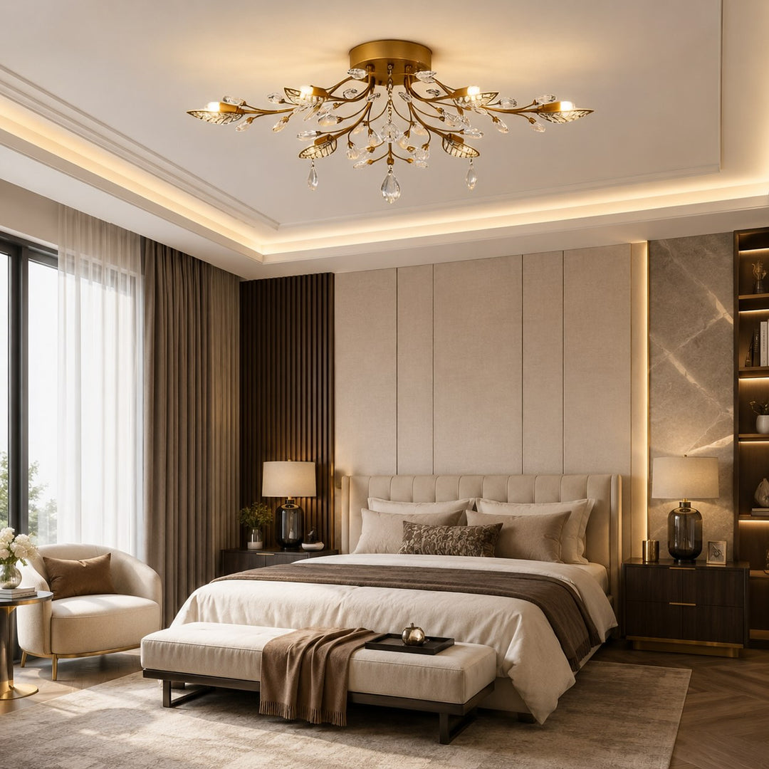 Modern Crystal Chandelier Semi-Flush Mount Iron 8-Light LED Fixture with Elegant Leaf Design