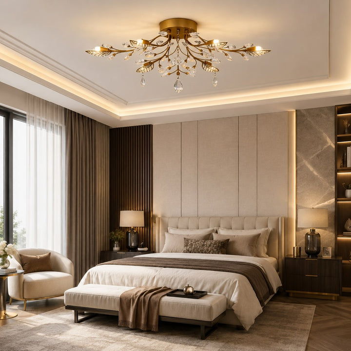 Modern Crystal Chandelier Semi-Flush Mount Iron 8-Light LED Fixture with Elegant Leaf Design