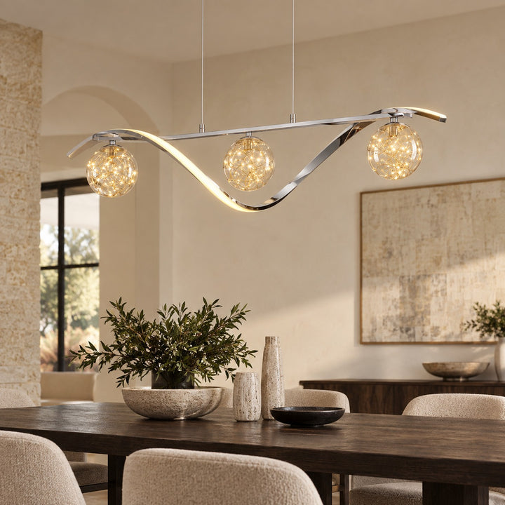Modern Linear Pendant Light with Adjustable Height Metal Frame and LED Glass Globe Shades for Kitchen Island