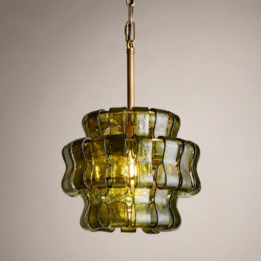 Modern Green Tiered Glass Pendant Light Hanging Brass Fixture Adjustable Height for Dining Room Kitchen Island