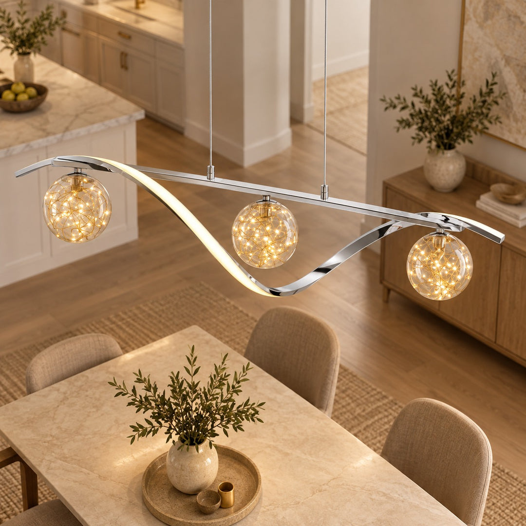 Modern Linear Pendant Light with Adjustable Height Metal Frame and LED Glass Globe Shades for Kitchen Island
