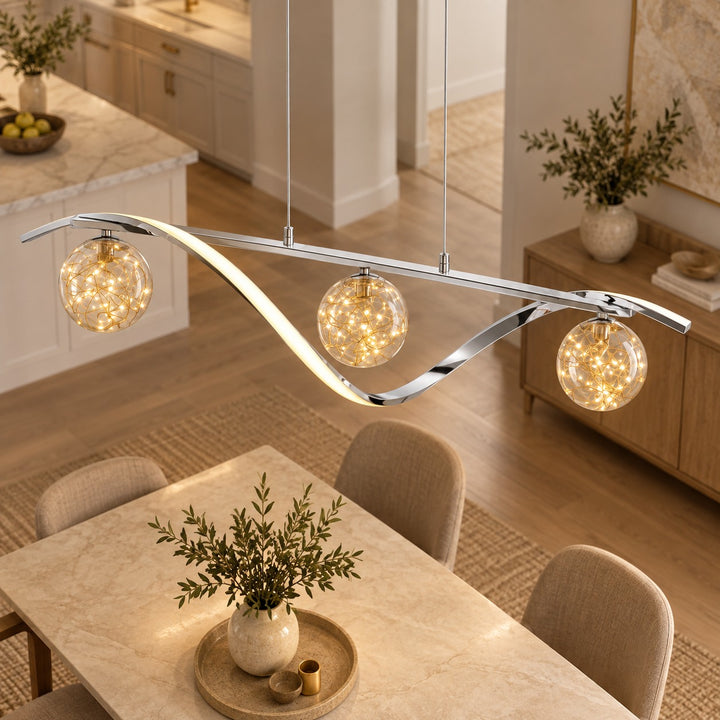 Modern Linear Pendant Light with Adjustable Height Metal Frame and LED Glass Globe Shades for Kitchen Island