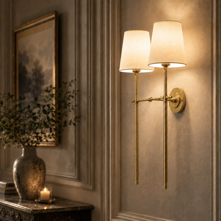 Modern Brass Wall Sconce Wall Mounted Tapered Fabric Shade LED Compatible Indoor Light