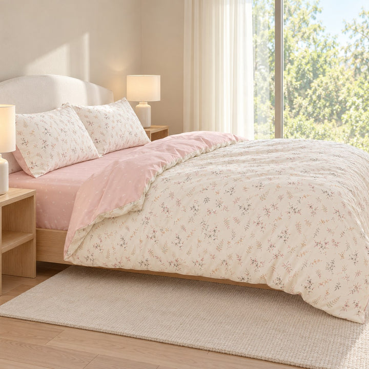 Floral Print Bedding Set in Pale Pink Color Soft Polyester Duvet Cover and Flat Sheet