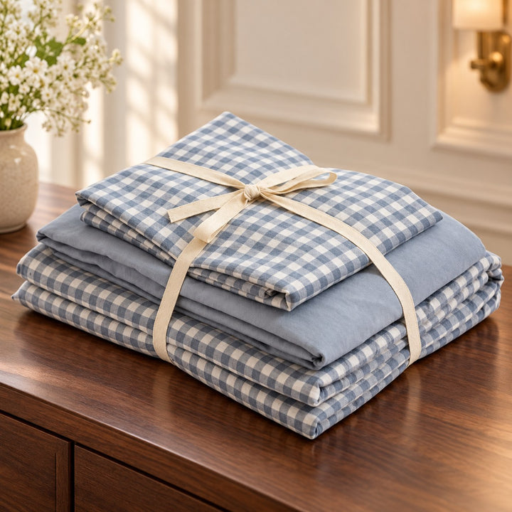 Classic Gingham Bedding Set Cotton Duvet Covers with Invisible Zipper and Corner Ties