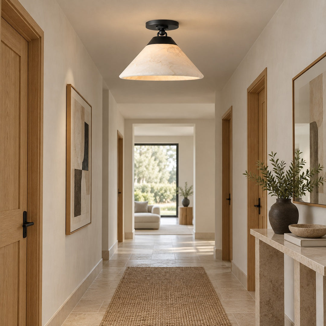 Modern Flush Mount Ceiling Light Alabaster Shade LED 12 Inch Diameter Energy Efficient