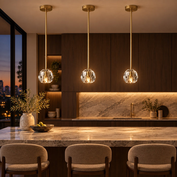 Modern K10 Crystal Pendant Light with Natural Brass – G9 LED, Rod or Cord Suspension