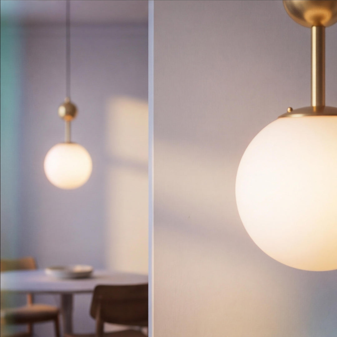 Modern Brass Globe Pendant Light with White Glass Shade – E14 Hanging Light