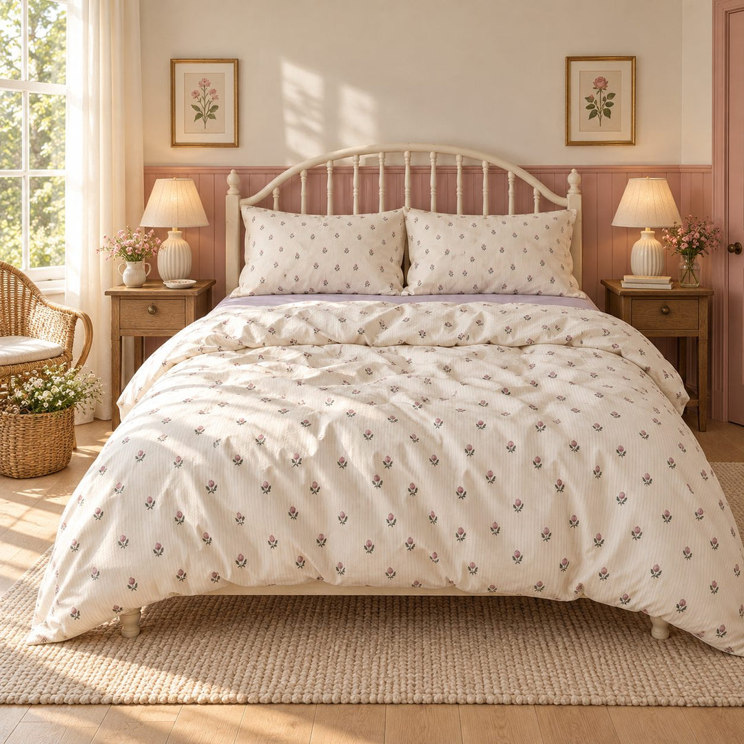 Vintage Floral Print Bedding Set Polyester Duvet Cover Flat Sheet Pillow Case Cozy Design