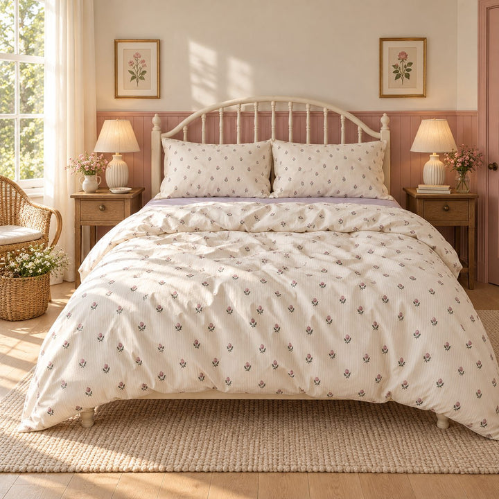 Vintage Floral Print Bedding Set Polyester Duvet Cover Flat Sheet Pillow Case Cozy Design