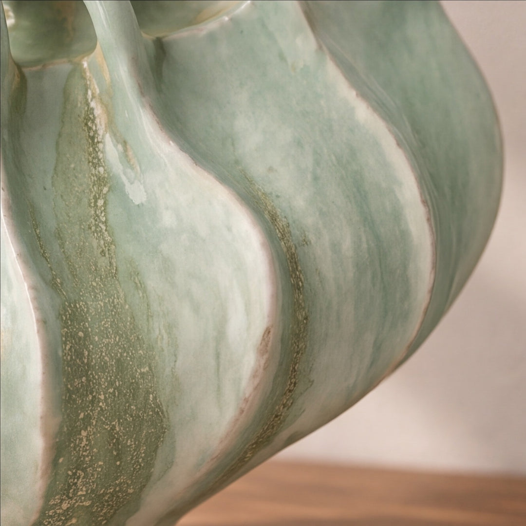 Modern Sculptural Ceramic Vase Multi-Handle Design Hand-Painted Green and Sand 33 cm Decorative Centerpiece