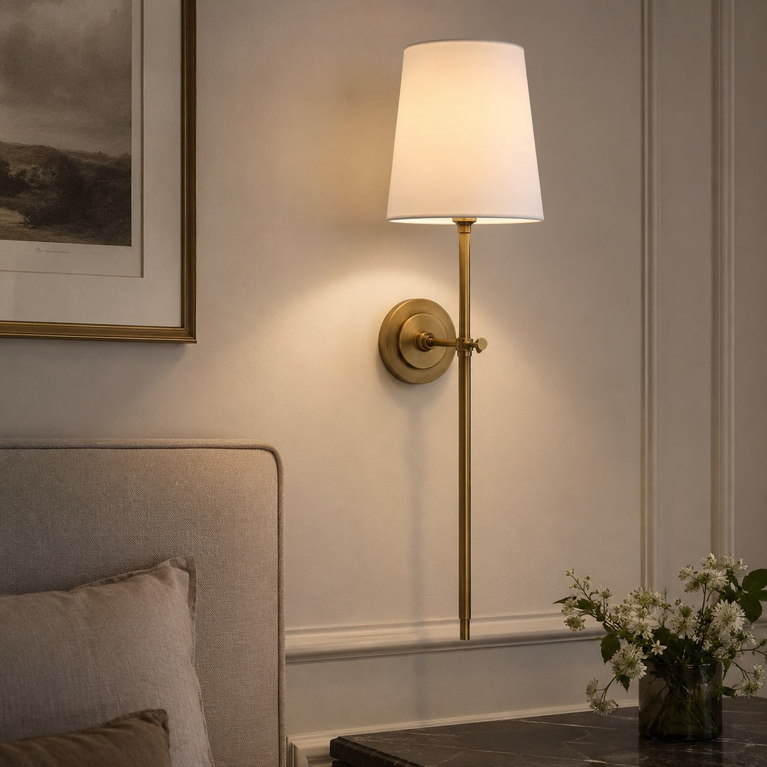 Modern Brass Wall Sconce Wall Mounted Tapered Fabric Shade LED Compatible Indoor Light