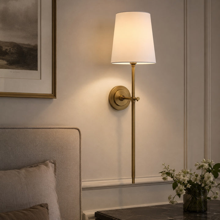 Modern Brass Wall Sconce Wall Mounted Tapered Fabric Shade LED Compatible Indoor Light