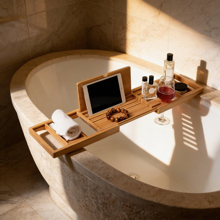 Expandable Bamboo Bath Caddy with Wine Glass Holder Adjustable Book Rest and Phone Stand for Bathtub Relaxation