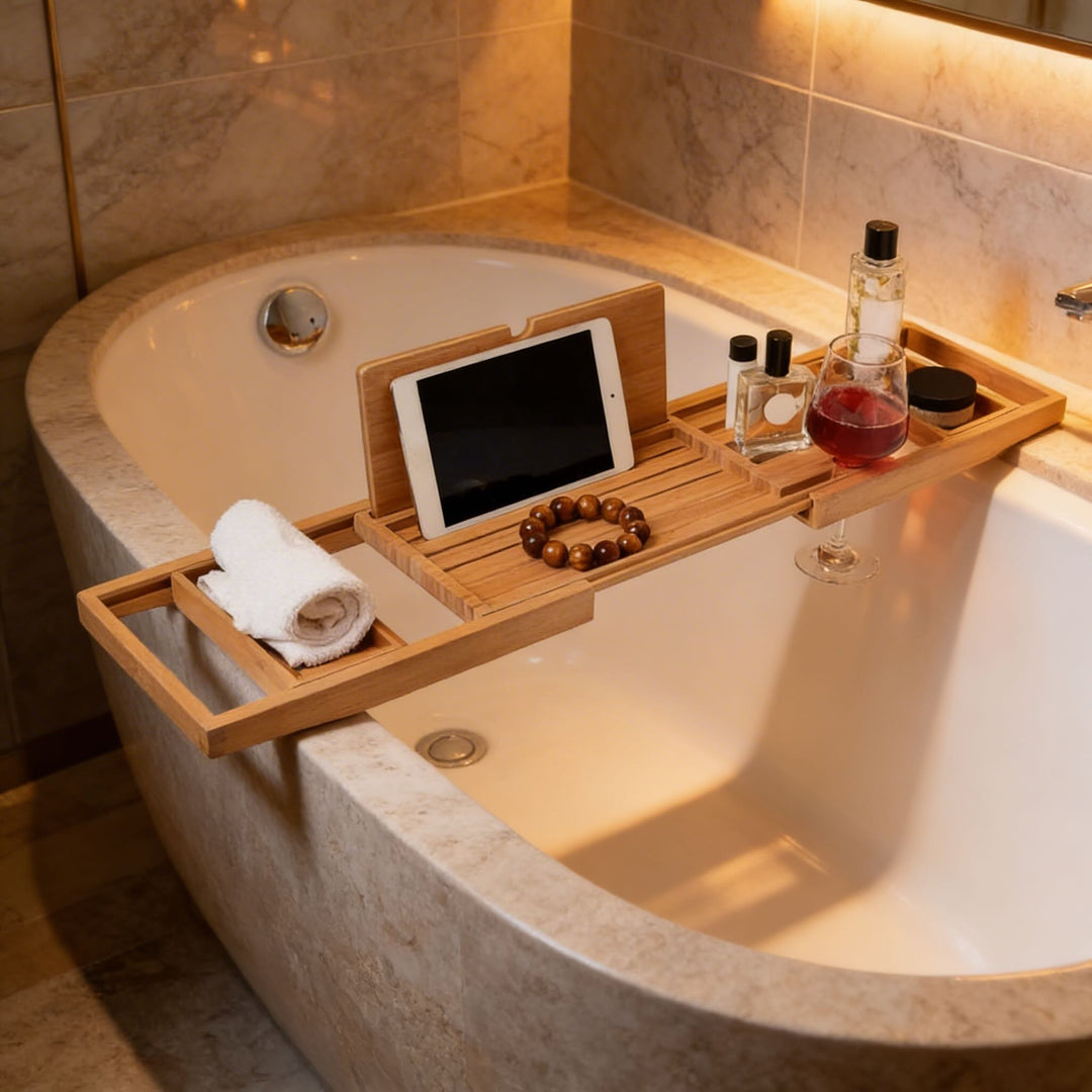 Expandable Bamboo Bath Caddy with Wine Glass Holder Adjustable Book Rest and Phone Stand for Bathtub Relaxation