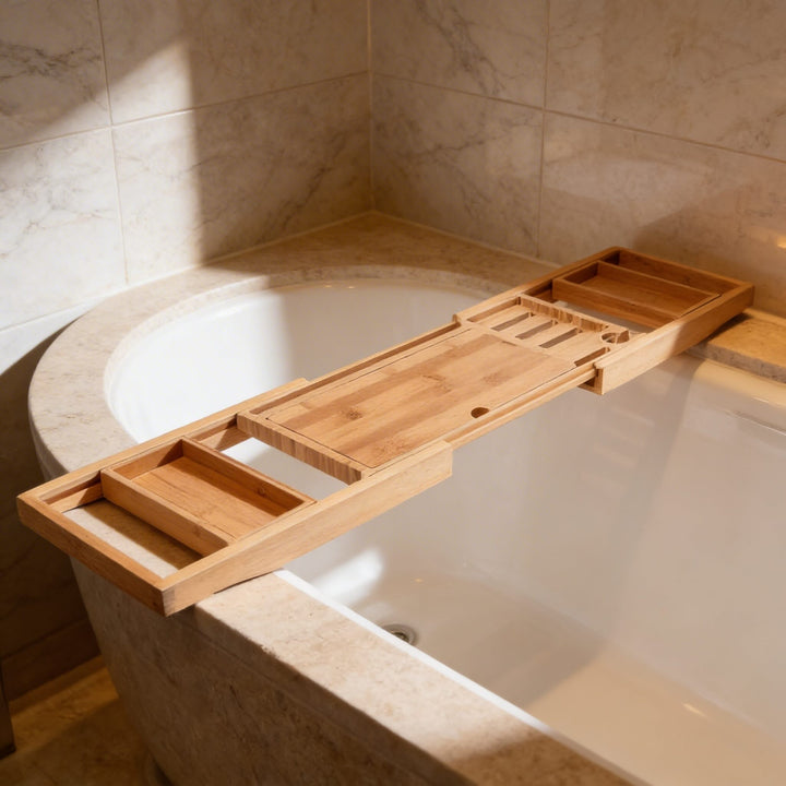 Expandable Bamboo Bath Caddy with Wine Glass Holder Adjustable Book Rest and Phone Stand for Bathtub Relaxation