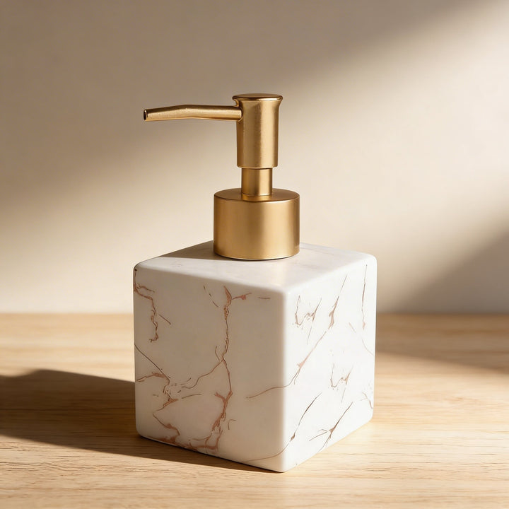 Modern Ceramic Hand Soap Dispenser with Matte Gold Pump for Liquid Soap and Lotion in Bathroom or Kitchen