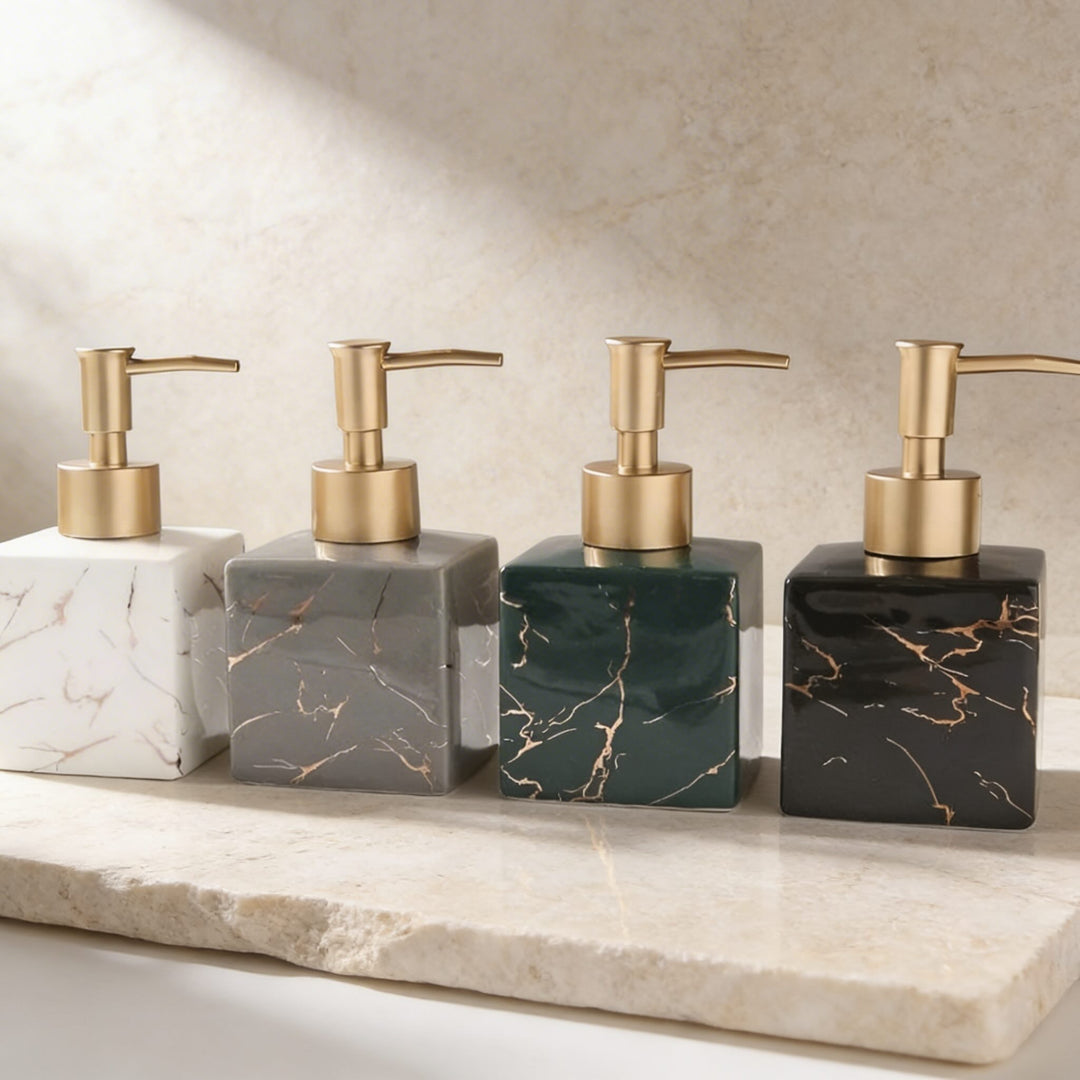 Modern Ceramic Hand Soap Dispenser with Matte Gold Pump for Liquid Soap and Lotion in Bathroom or Kitchen