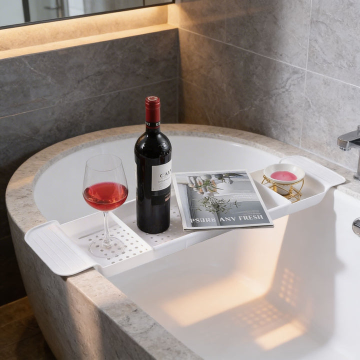 Adjustable Modern Bathtub Caddy Tray with Non-Slip Grip Made of Durable Plastic for Books Wine and Tablets